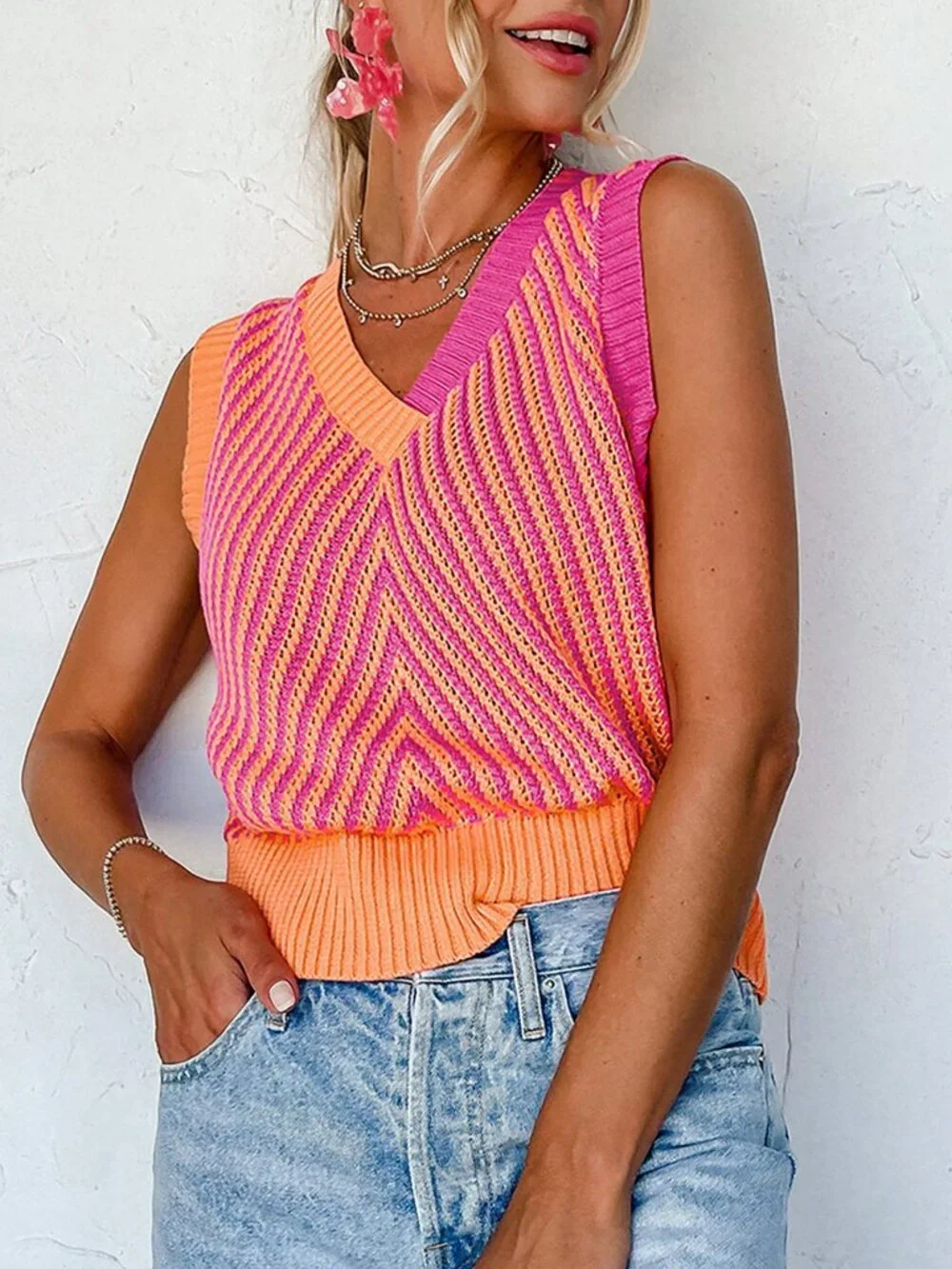 Multicolor Casual Women's Sleeveless V-Neck Striped Knit Vest